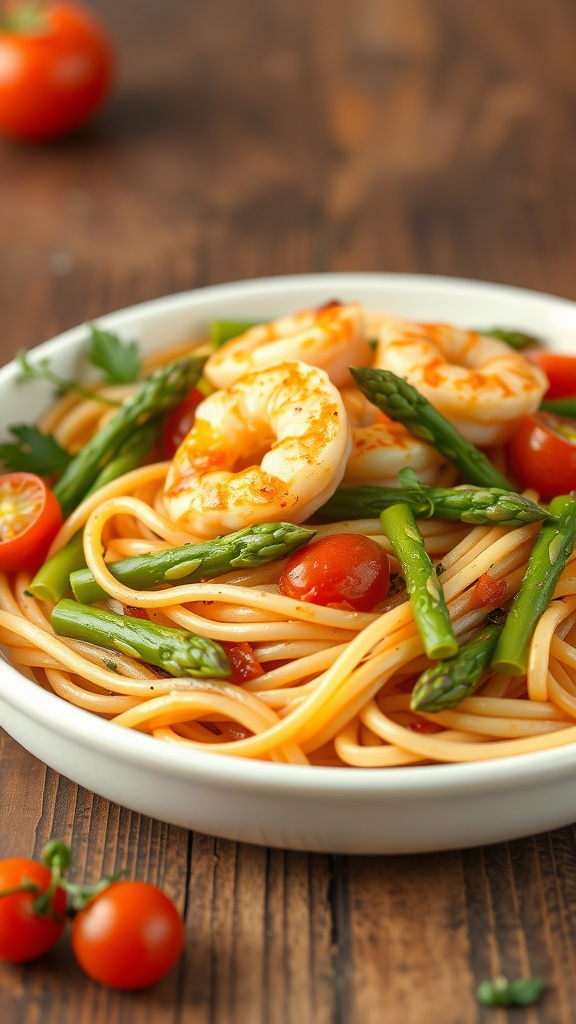 A plate of Shrimp and Asparagus Pasta Primavera with shrimp, asparagus, and cherry tomatoes.