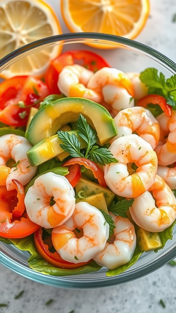 A colorful bowl of shrimp and avocado salad with vegetables and herbs.
