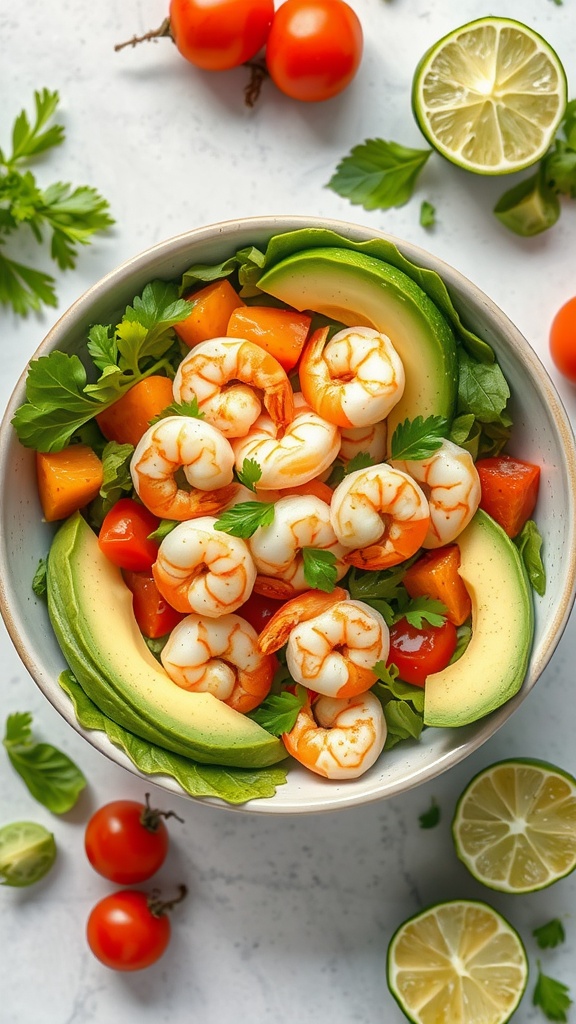 A vibrant Shrimp and Avocado Salad with colorful vegetables.
