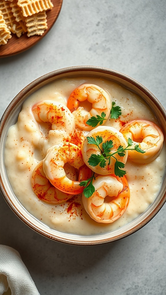 A bowl of shrimp and grits topped with shrimp, paprika, and parsley.