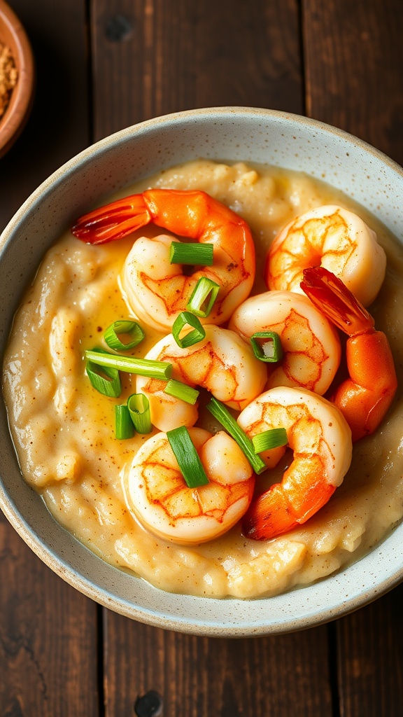 A bowl of shrimp and grits topped with green onions.