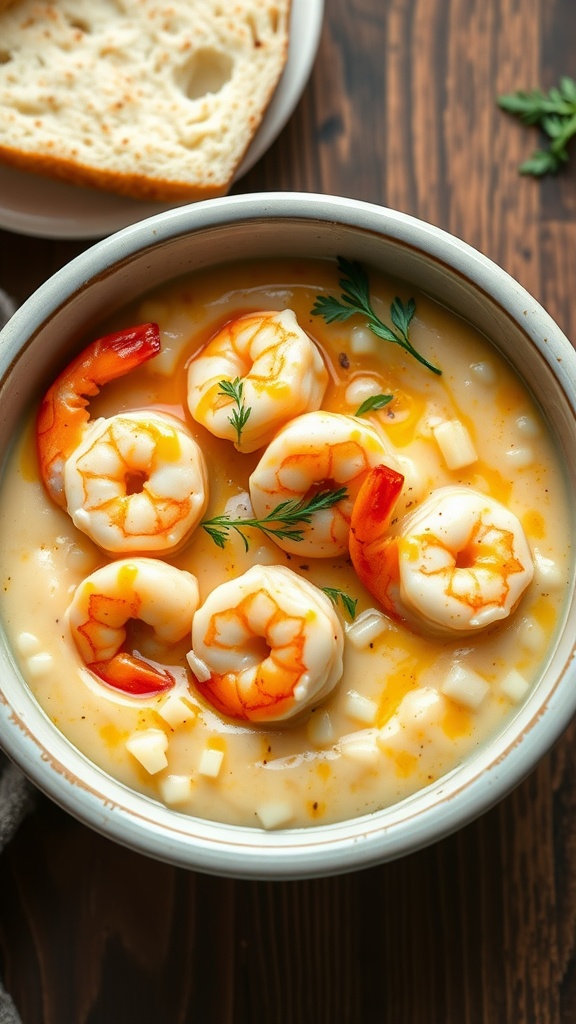 A bowl of shrimp and grits with cheddar sauce, garnished with parsley.