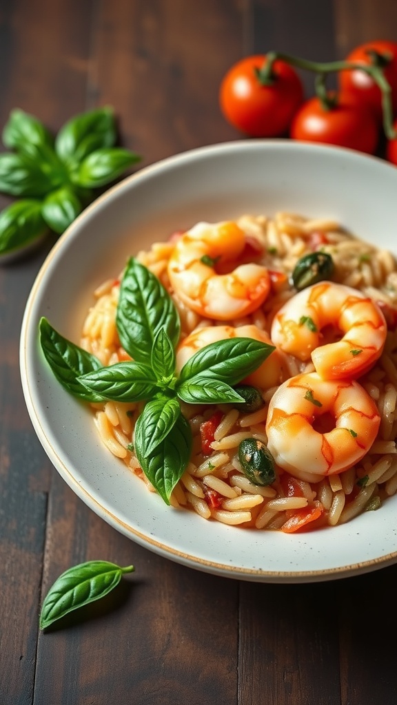 Shrimp and Tomato Basil Risotto with fresh basil and tomatoes
