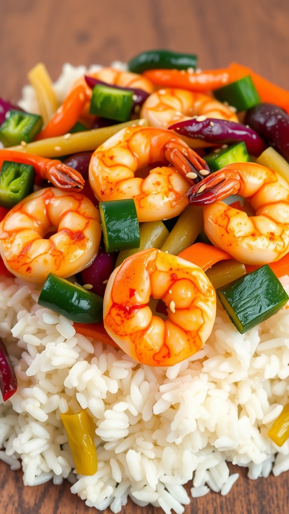 A vibrant shrimp and vegetable stir-fry served over rice.