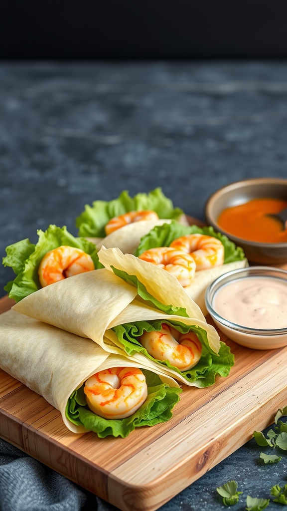Shrimp Caesar Salad Wraps on a wooden serving board