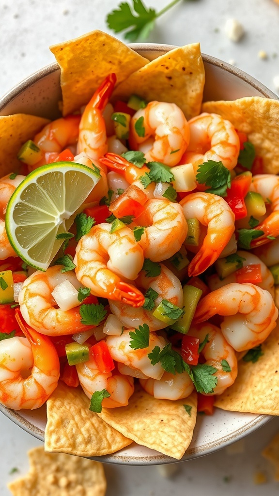 A bowl of Shrimp Ceviche with lime, cilantro, and tortilla chips