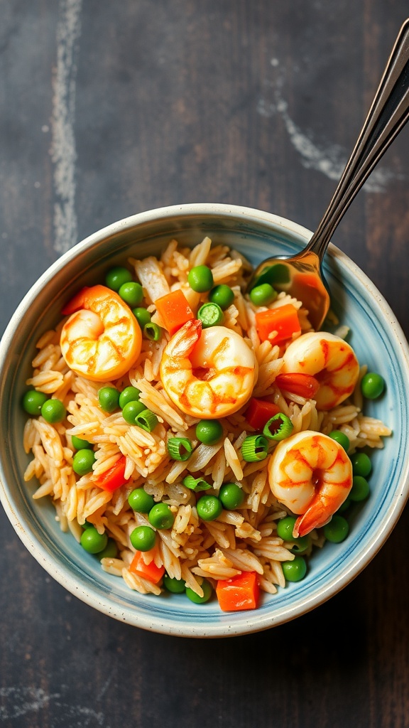 A bowl of shrimp fried rice with peas, carrots, and green onions.