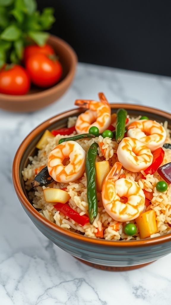 Shrimp Fried Rice with various vegetables in a bowl.