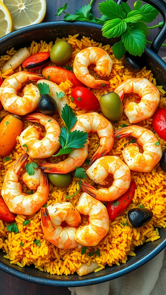 A colorful shrimp paella dish with herbs, shrimp, and assorted vegetables.