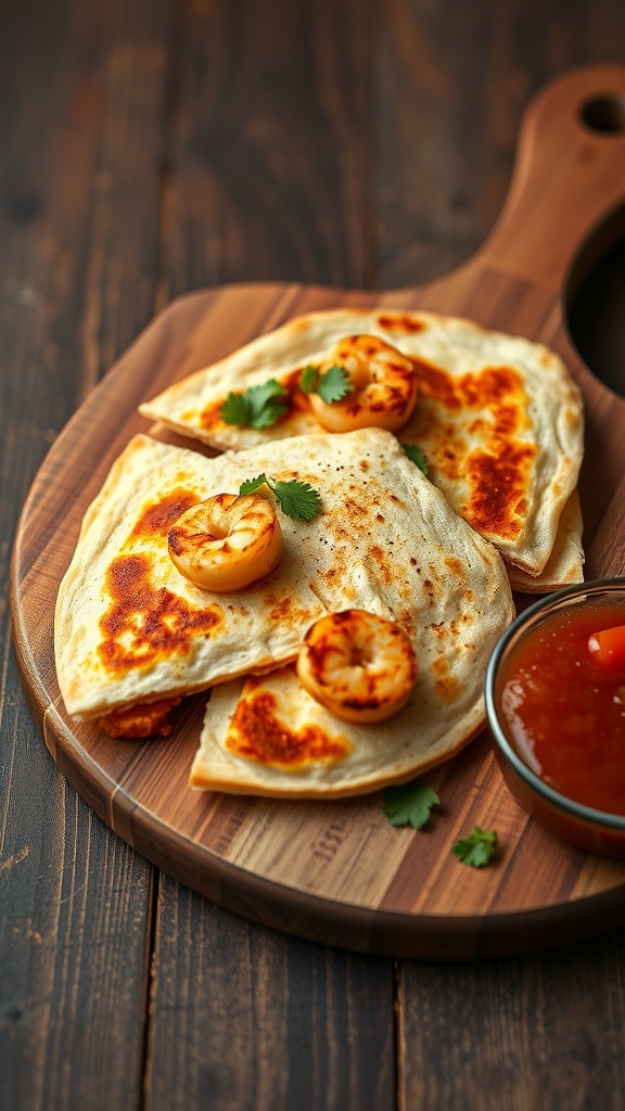 Shrimp quesadilla with melted cheese and peppers on a wooden board