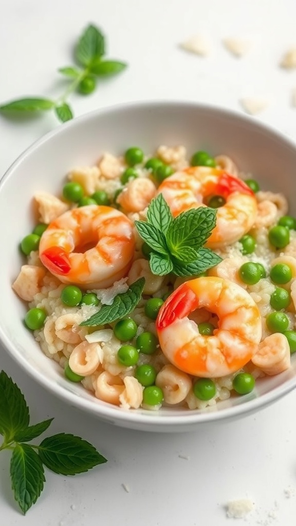 A bowl of shrimp risotto with peas and mint, featuring plump shrimp and bright green peas over creamy rice.