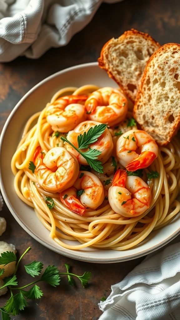 A plate of Shrimp Scampi with Angel Hair Pasta garnished with parsley and served with bread.