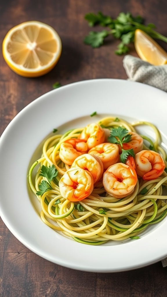 A plate of Shrimp Scampi with Zoodles garnished with parsley and lemon.