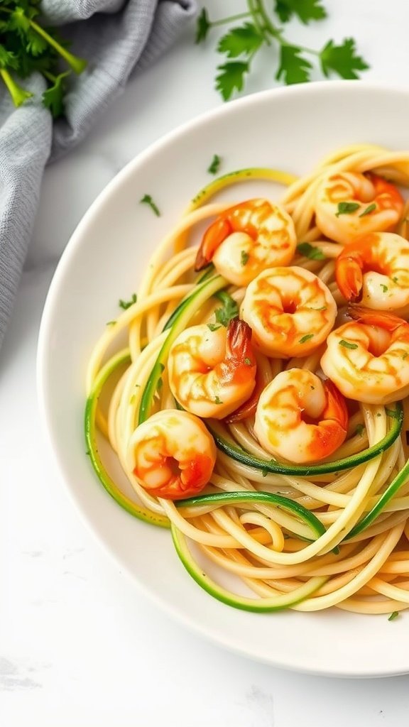 A bowl of shrimp scampi served with zucchini noodles, garnished with parsley.