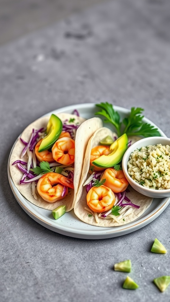 Shrimp tacos with cilantro lime rice, garnished with cabbage and avocado.