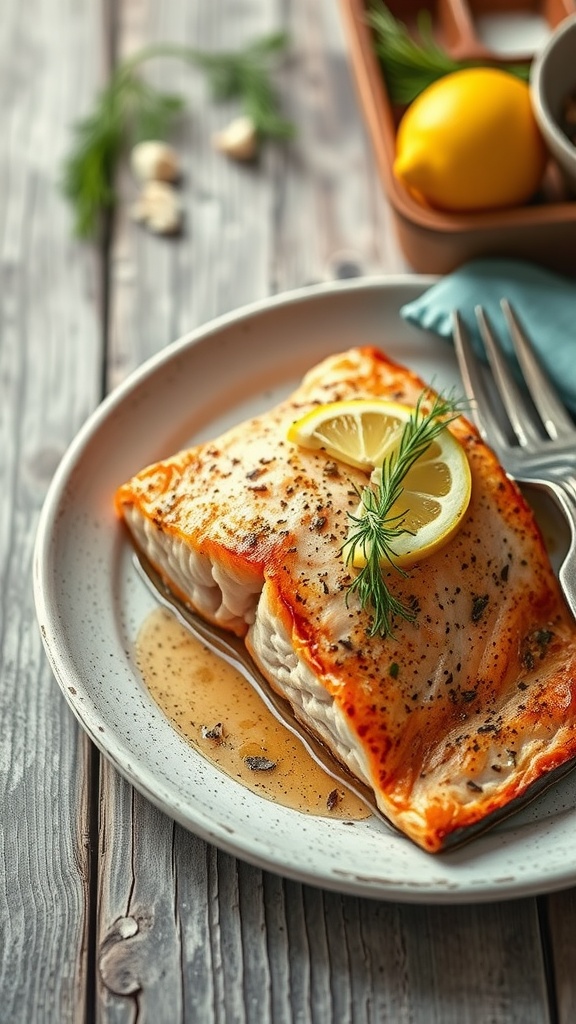 Plated baked salmon with dill and lemon slices