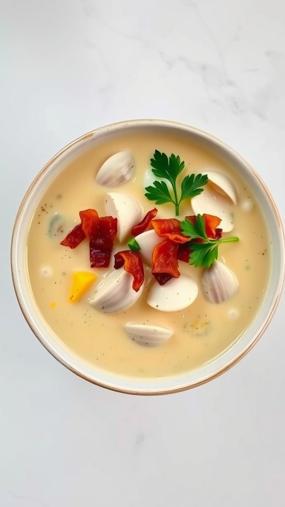 Bowl of clam chowder topped with parsley and bacon.