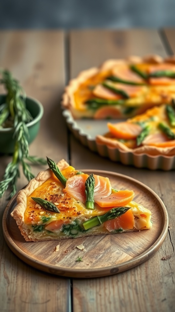 A slice of smoked salmon and asparagus quiche on a wooden plate, showcasing a flaky crust and vibrant filling.