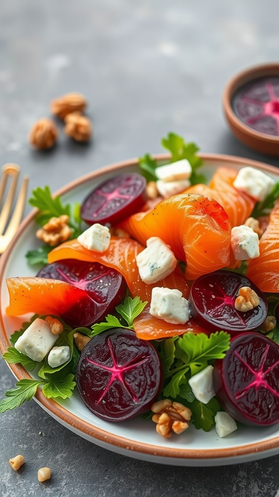 A colorful plate with smoked salmon, beetroot, feta cheese, and walnuts on a bed of greens.