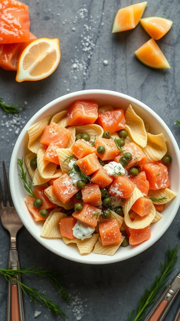 A bowl of farfalle pasta with smoked salmon, cream cheese, capers, and fresh dill.