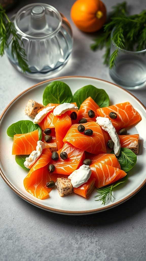 A fresh smoked salmon and cream cheese salad with capers and greens on a plate.