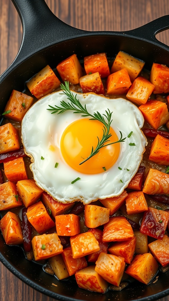 A hearty smoked salmon and potato hash topped with a sunny-side-up egg and garnished with herbs.