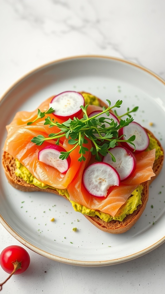 Smoked salmon avocado toast topped with radish slices and fresh herbs.