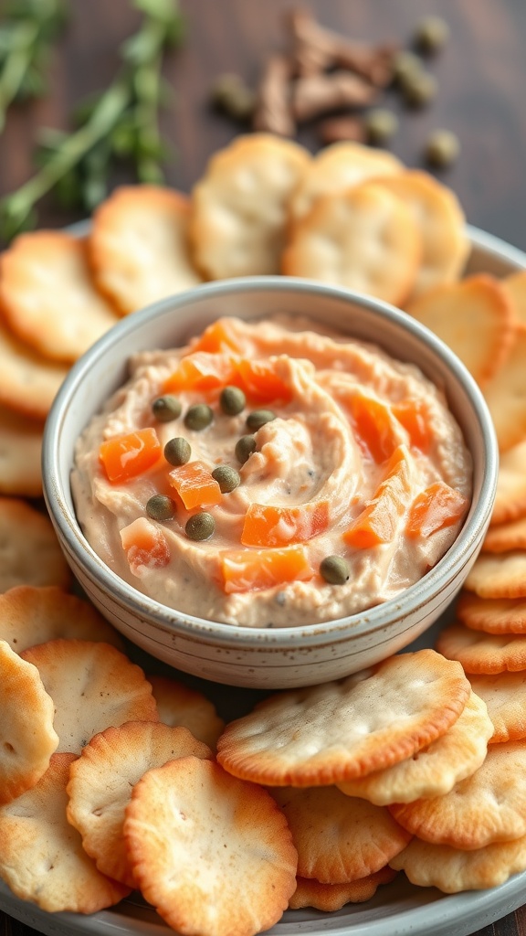 A bowl of smoked salmon dip garnished with capers, served with crackers.
