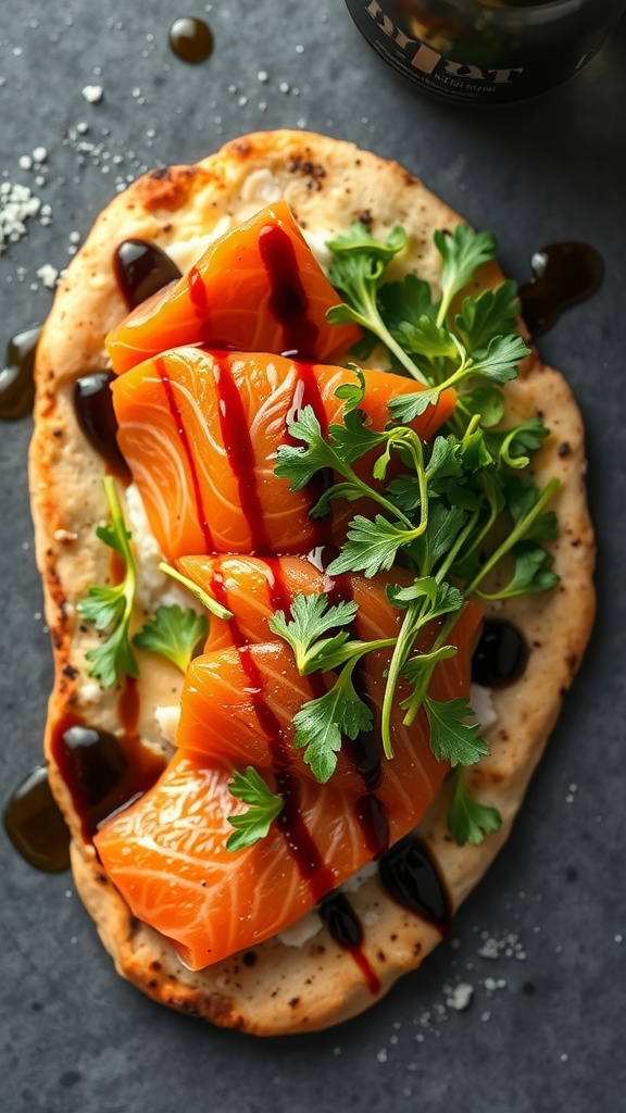Smoked salmon flatbread topped with arugula and balsamic glaze.