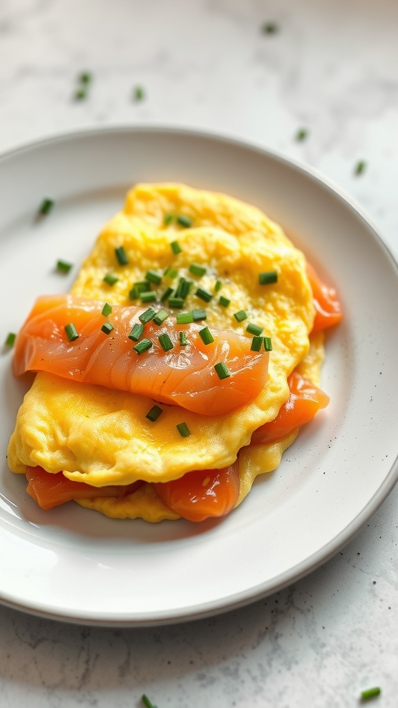A delicious smoked salmon omelette topped with fresh chives.