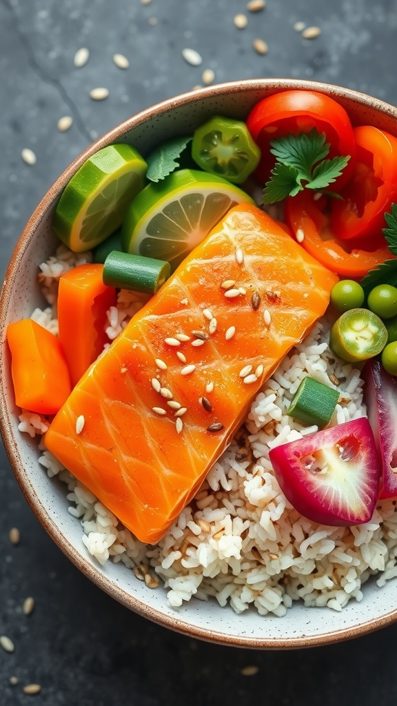A colorful smoked salmon rice bowl with vegetables.