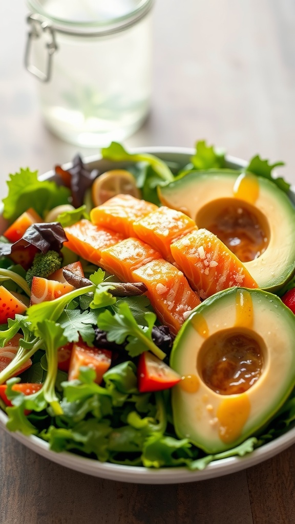 A delicious bowl of smoked salmon salad with avocado and mixed greens.