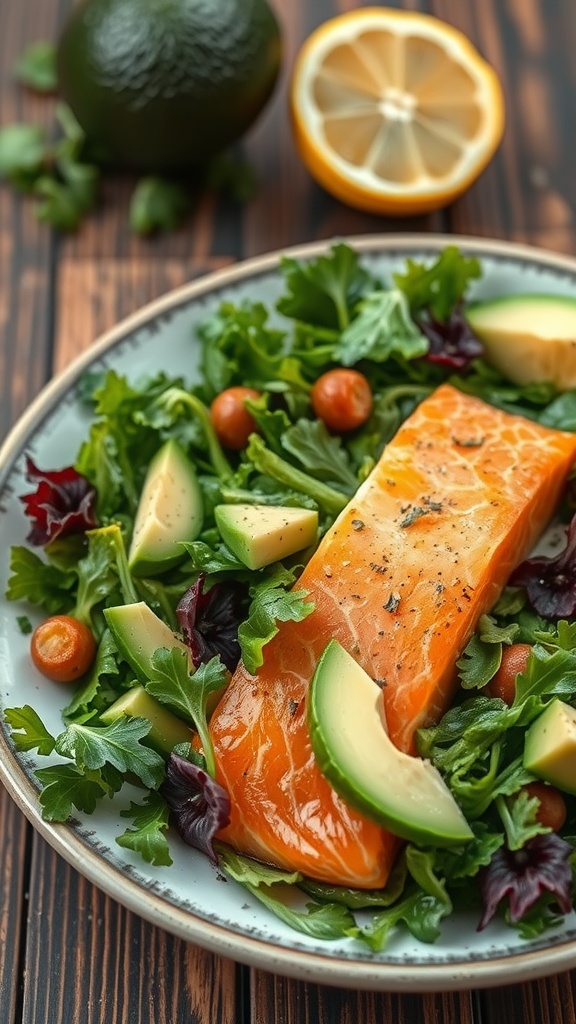 A vibrant smoked salmon salad with mixed greens, avocado, and cherry tomatoes, drizzled with lemon vinaigrette.
