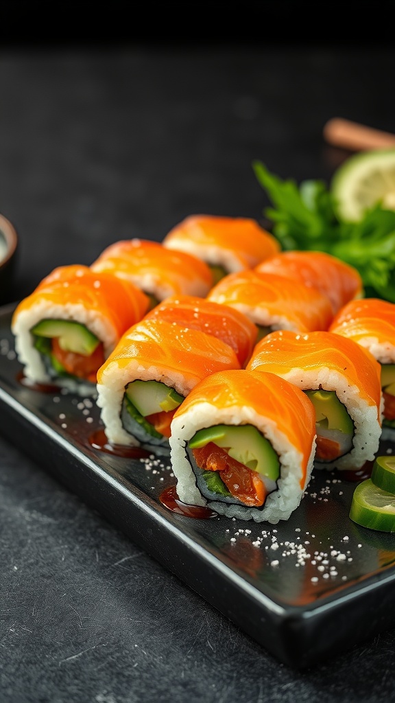 Smoked salmon sushi rolls arranged on a black plate
