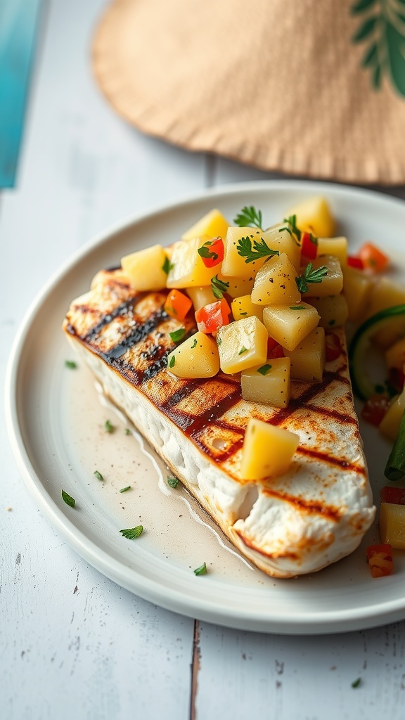 Grilled mahi-mahi with pineapple salsa served on a plate.