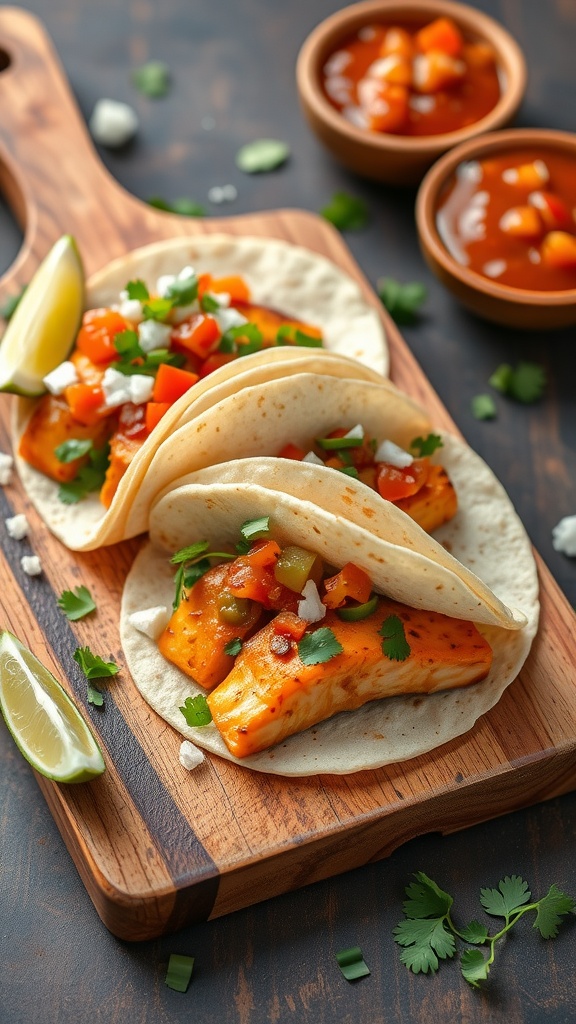 Smoky chipotle salmon tacos with fresh toppings on a wooden board