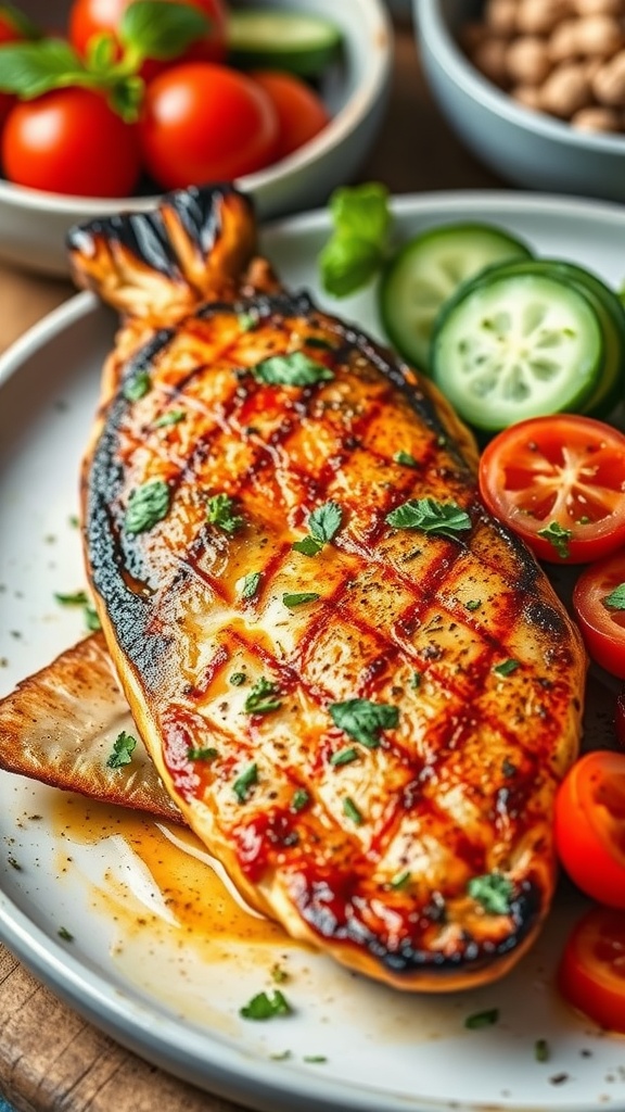 A beautifully grilled bass garnished with fresh herbs and lemon slices, showcasing a smoky paprika flavor.