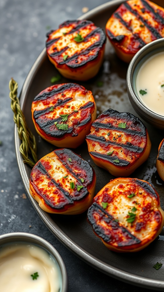 Smoky paprika grilled scallops served with dipping sauce and garnished with herbs.