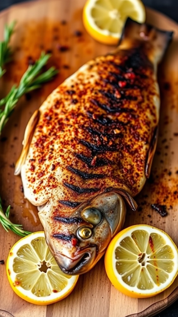 A grilled trout garnished with lemon and herbs.