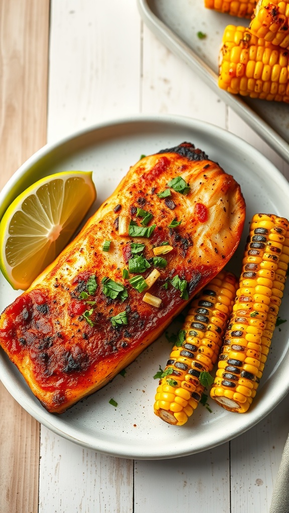 A plate of smoky paprika halibut with grilled corn and a slice of lemon.