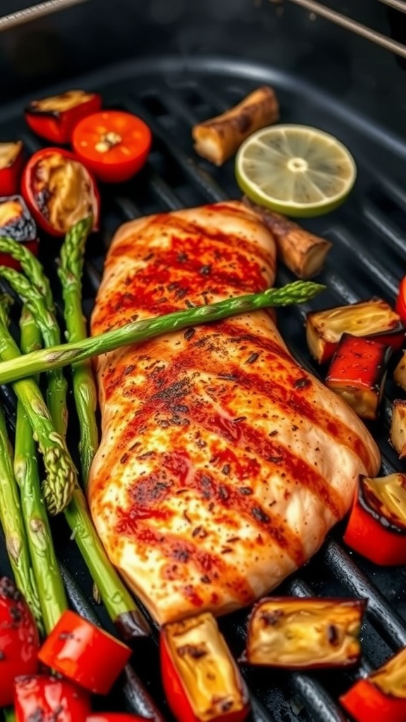Grilled salmon fillet served with asparagus and cherry tomatoes on a grill
