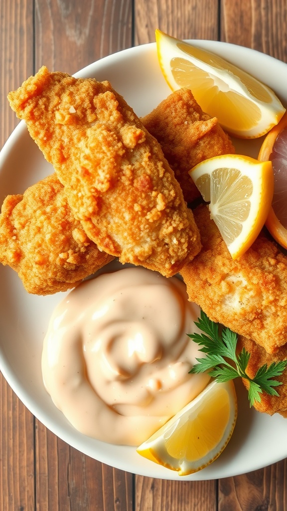 Plate of Southern Fried Catfish with remoulade and lemon slices