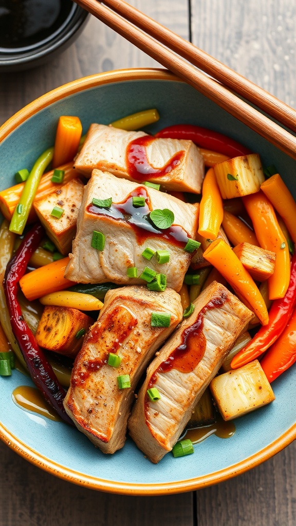 Delicious soy-ginger glazed tuna steaks with colorful stir-fried veggies