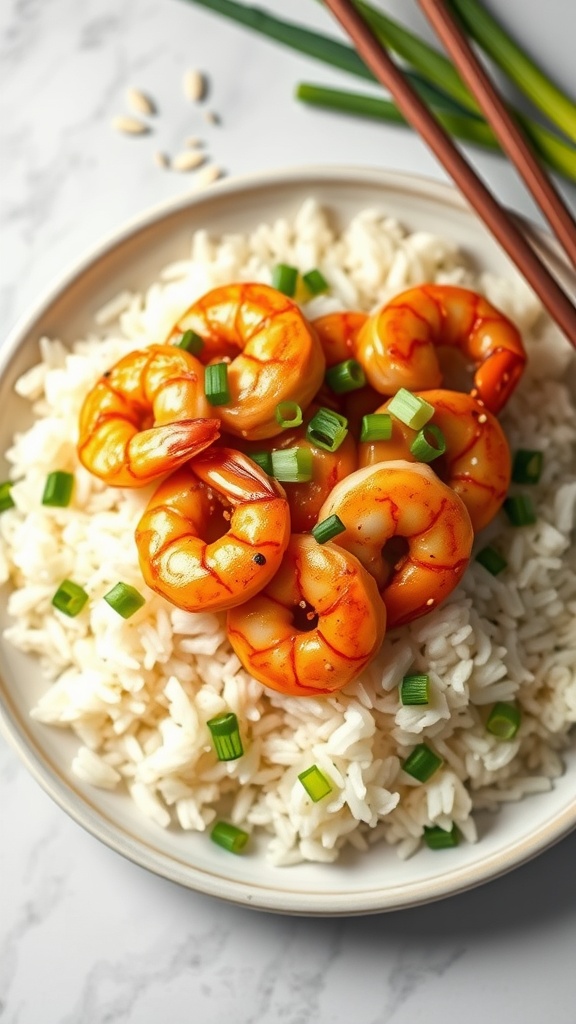 Soy ginger shrimp served over jasmine rice, garnished with green onions.