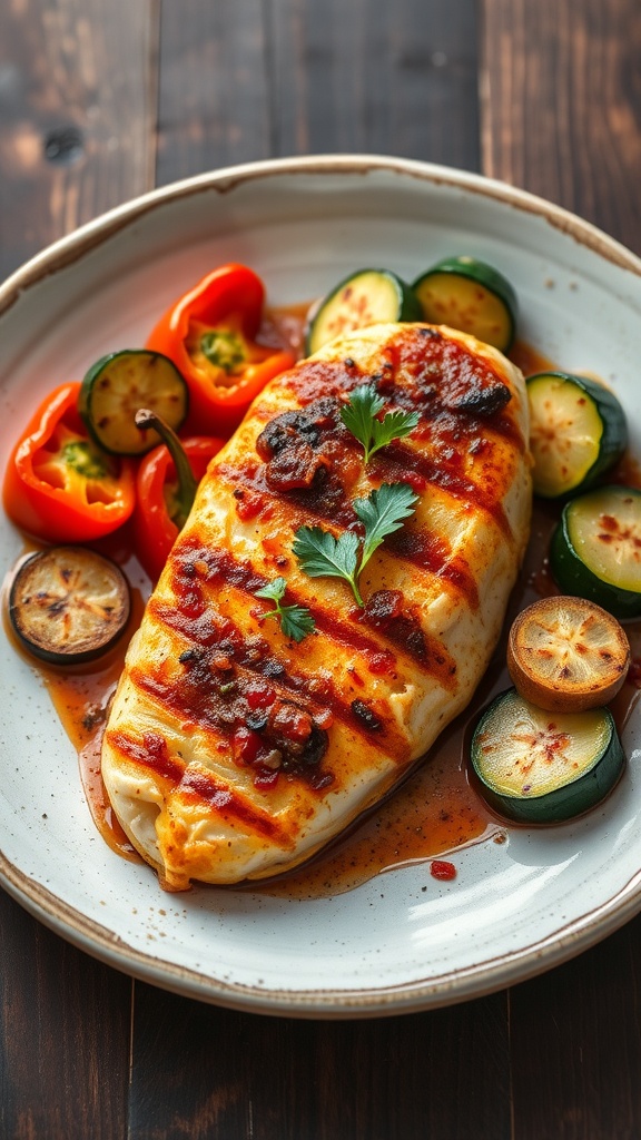 A plate of spicy Cajun baked catfish with colorful vegetables.