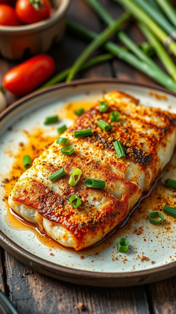 A plate of spicy Cajun baked cod garnished with green onions.