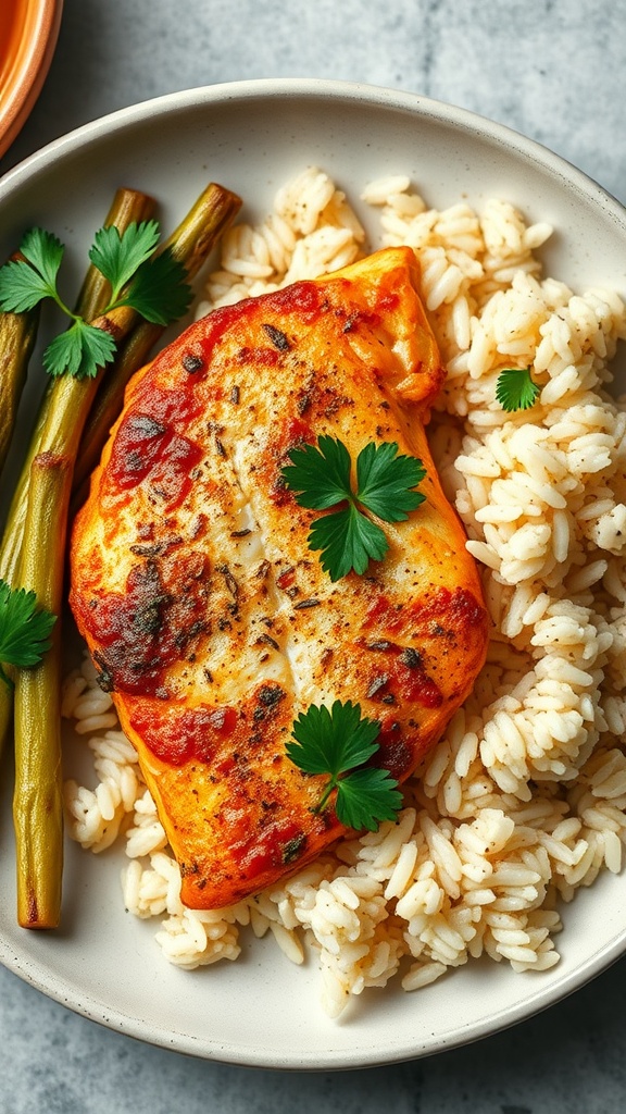 Plate of spicy Cajun catfish served on rice pilaf with garnishes
