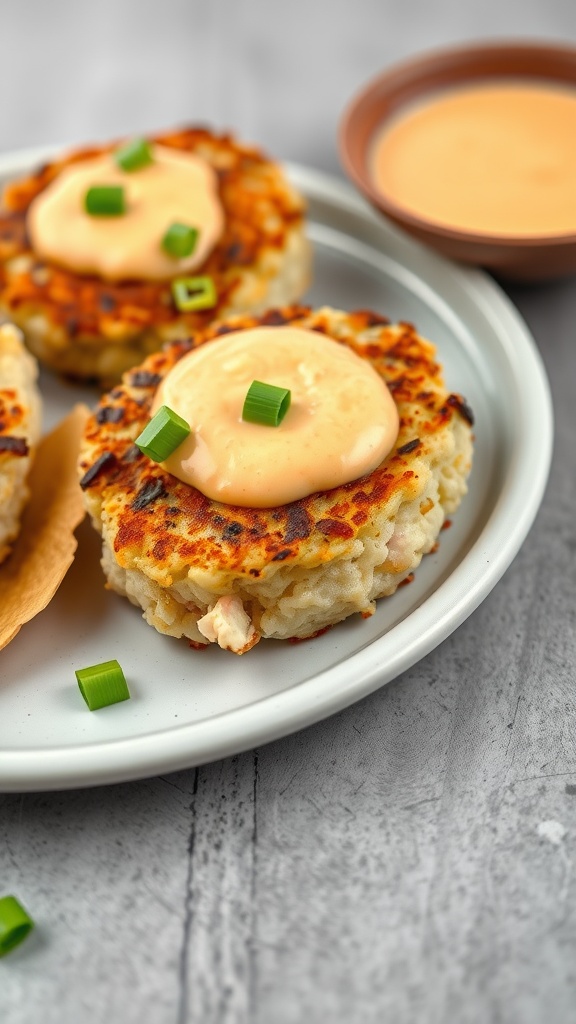 Spicy Cajun Crab Cakes served with a dipping sauce