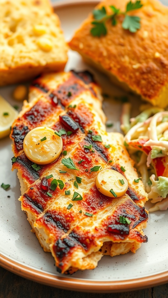 A plate of spicy Cajun grilled catfish served with cornbread and slaw.