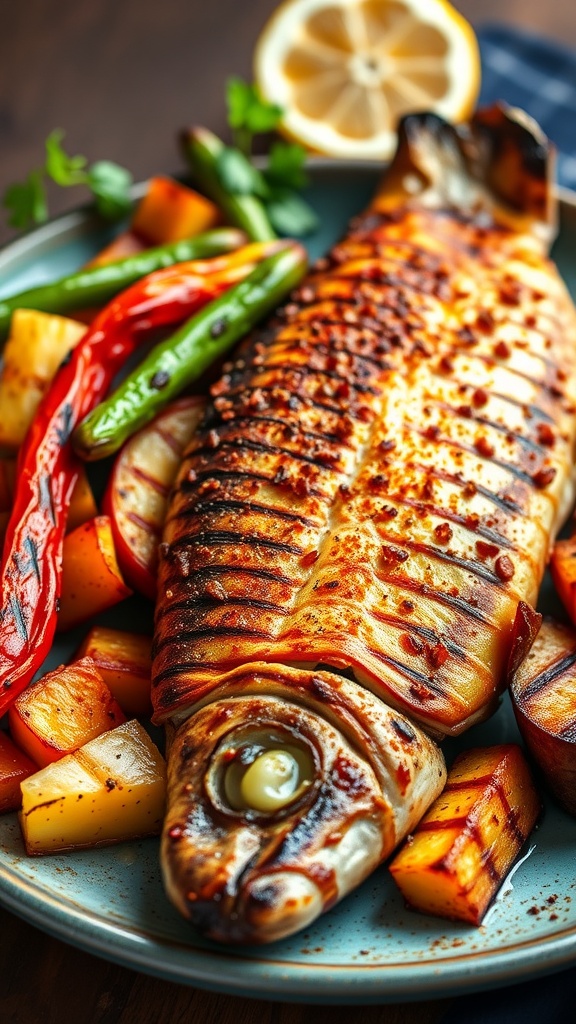 A beautifully grilled trout served with vegetables and garnished with herbs